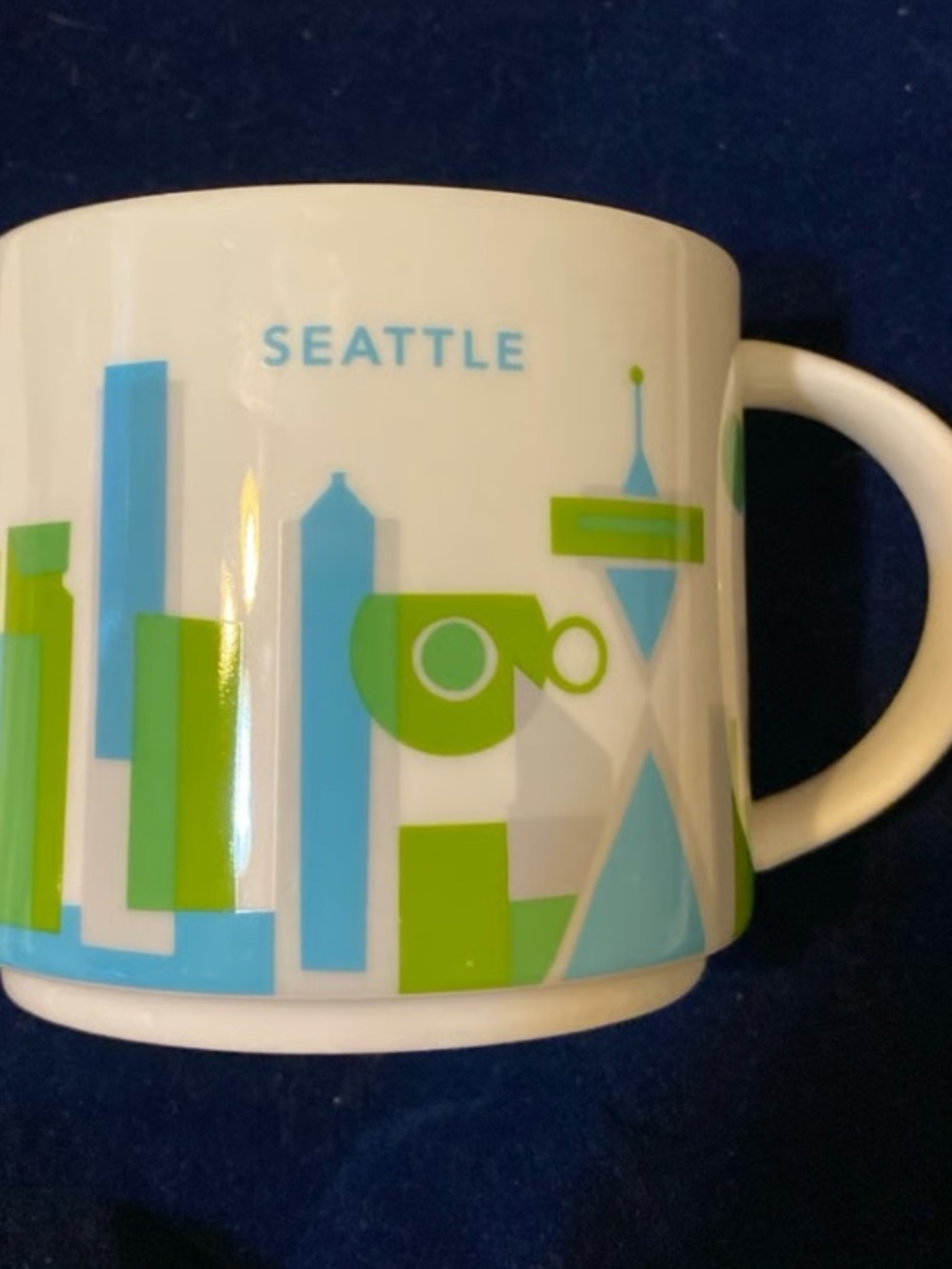 Seattle Ceramic Mug with Green & Blue Skyline Design